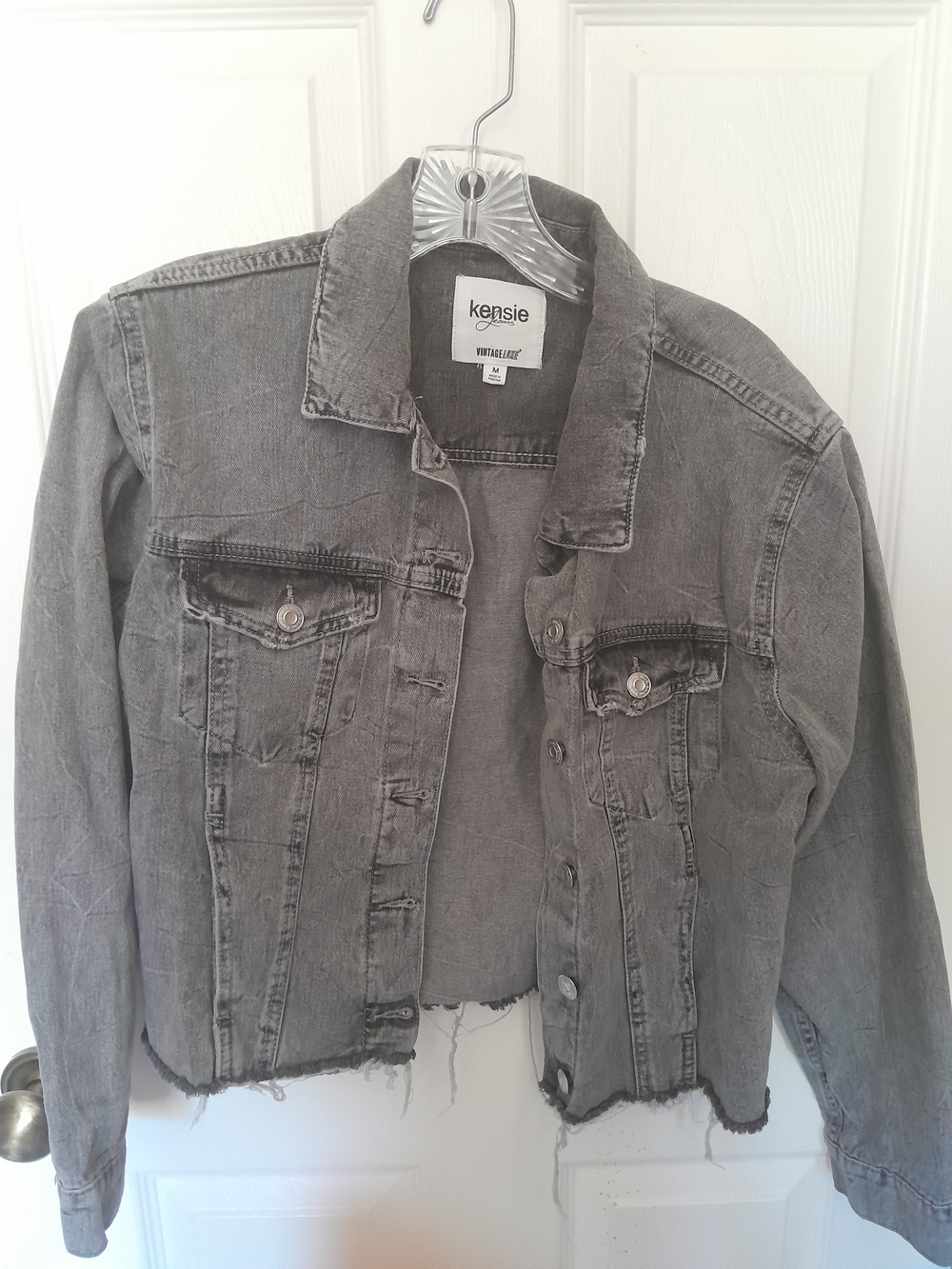 Kensie Distressed Gray Cropped Denim Jacket